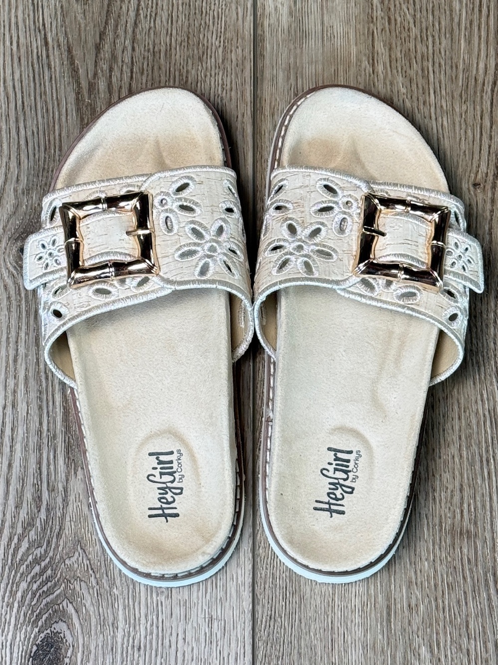 Corkys Hey Girl Slid In My DM Sandals Natural Floral Strap Gold Buckle  Size 8